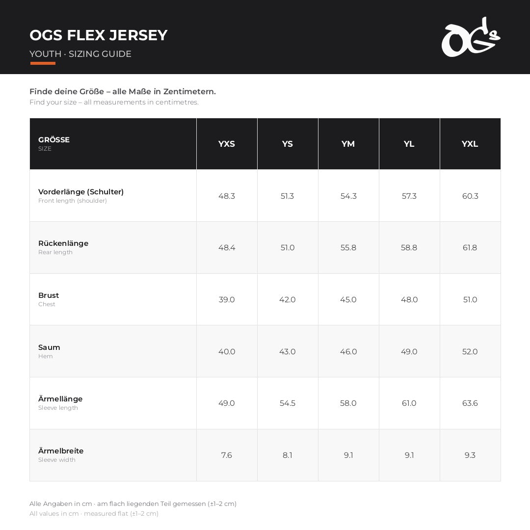 Größentabelle Motocross-Jersey OGs